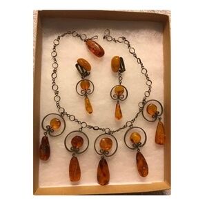 Gorgeous Vintage Handmade Brass Demi-Perure Set With Baltic Amber / Art Noveau